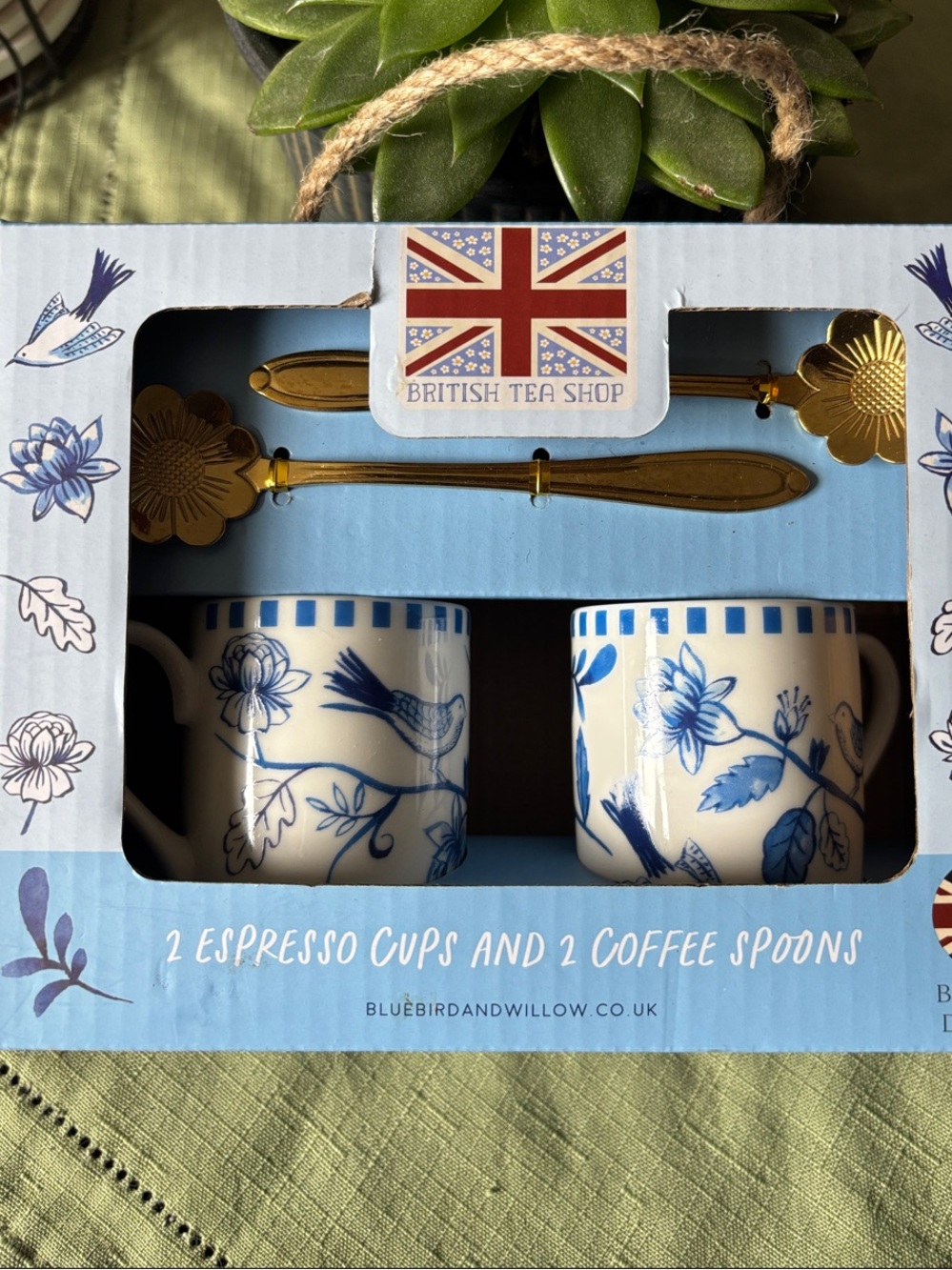 Blue Bird & Willow Espresso Cup Set with Gold Spoons
